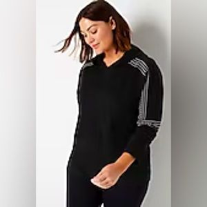 Black V-Neck Pullover Top with Striped Sleeve Detail